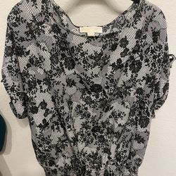 Michael Kors Black And White Tie Short Sleeve Blouse Cinches Bottom, L