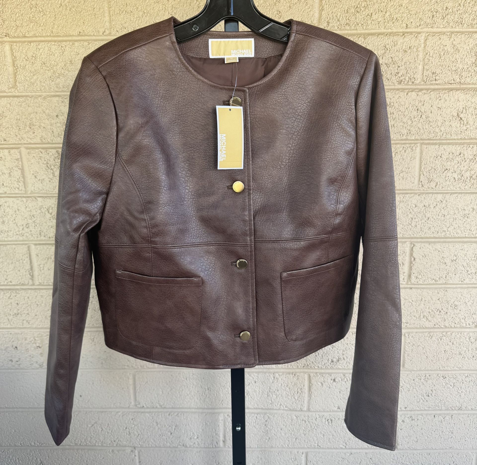 New Michael Kors Women’s Faux Leather Saddle Brown Jacket Sizes XS, M, L & XL MSRP $155