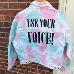 USE YOUR VOICE TIE DYED EMBROIDERED LEVIS JEAN JACKET