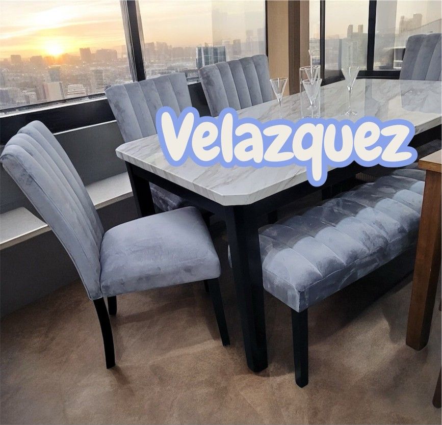 ✅️✅️ 5 pc Pascal black wood finish faux marble top dining table set grey fabric (Bench not included)✅️✅️