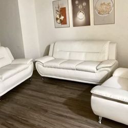 White Leather Modern Three Piece Couch Set
