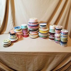 Box Lot of 80 ish Rolls Spools RIBBON Fabric Trim Craft Gift Decorative Sewing Bows
