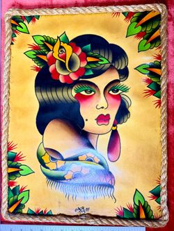 Authentic RARE Original 2003 Bert Krak Signed Painting - American Traditional Gypsy Flash Art