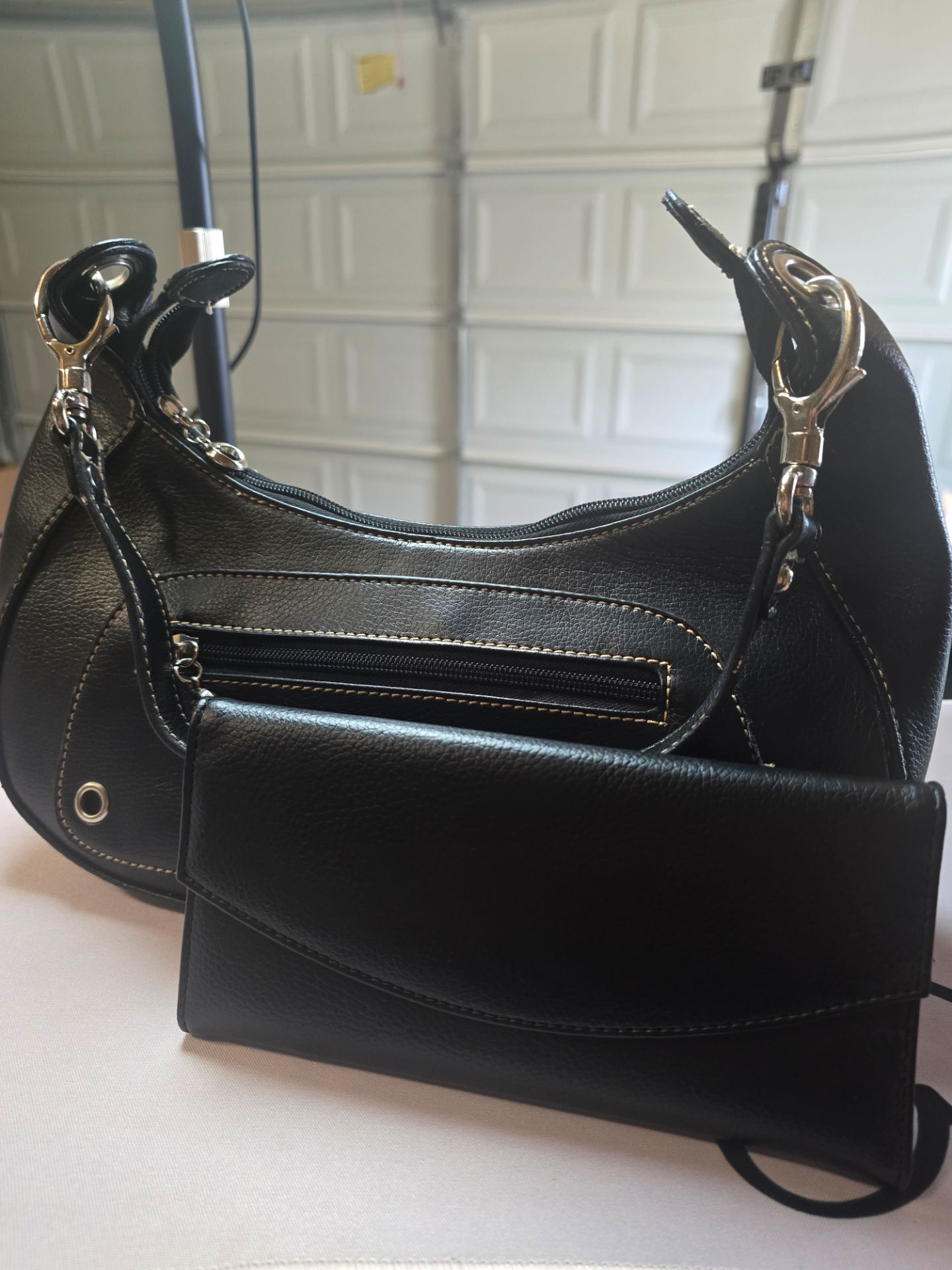 Black Leather Crescent Shoulder Bag with Matching Wallet