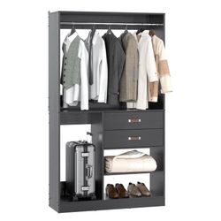 Freestanding Closet System with Suitcase Storage, 40 Inches Stand-alone Wardrobe with 2 Wood Drawers