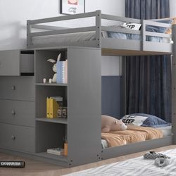 Brand New Grey Twin Size Bunk Bed w Drawers