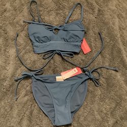 Xhilaration Juniors Size XS (00) 2-Piece Swimsuit Adjustable Spaghetti Strap Front/Back Tie Bikini Top & Hipster Side Tie Bikini Bottom, Blue