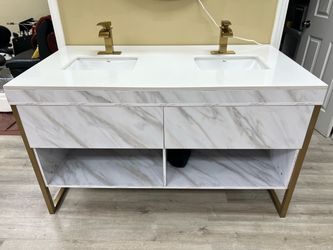 Double Sink Bathroom Vanity with Gold Faucets