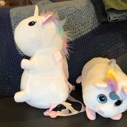 Plush Rainbow Unicorn Backpack And Pillows 