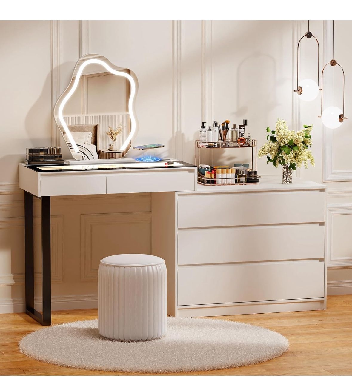Vanity Desk With Mirror, Lights, Jewelry Drawer And Charging Station