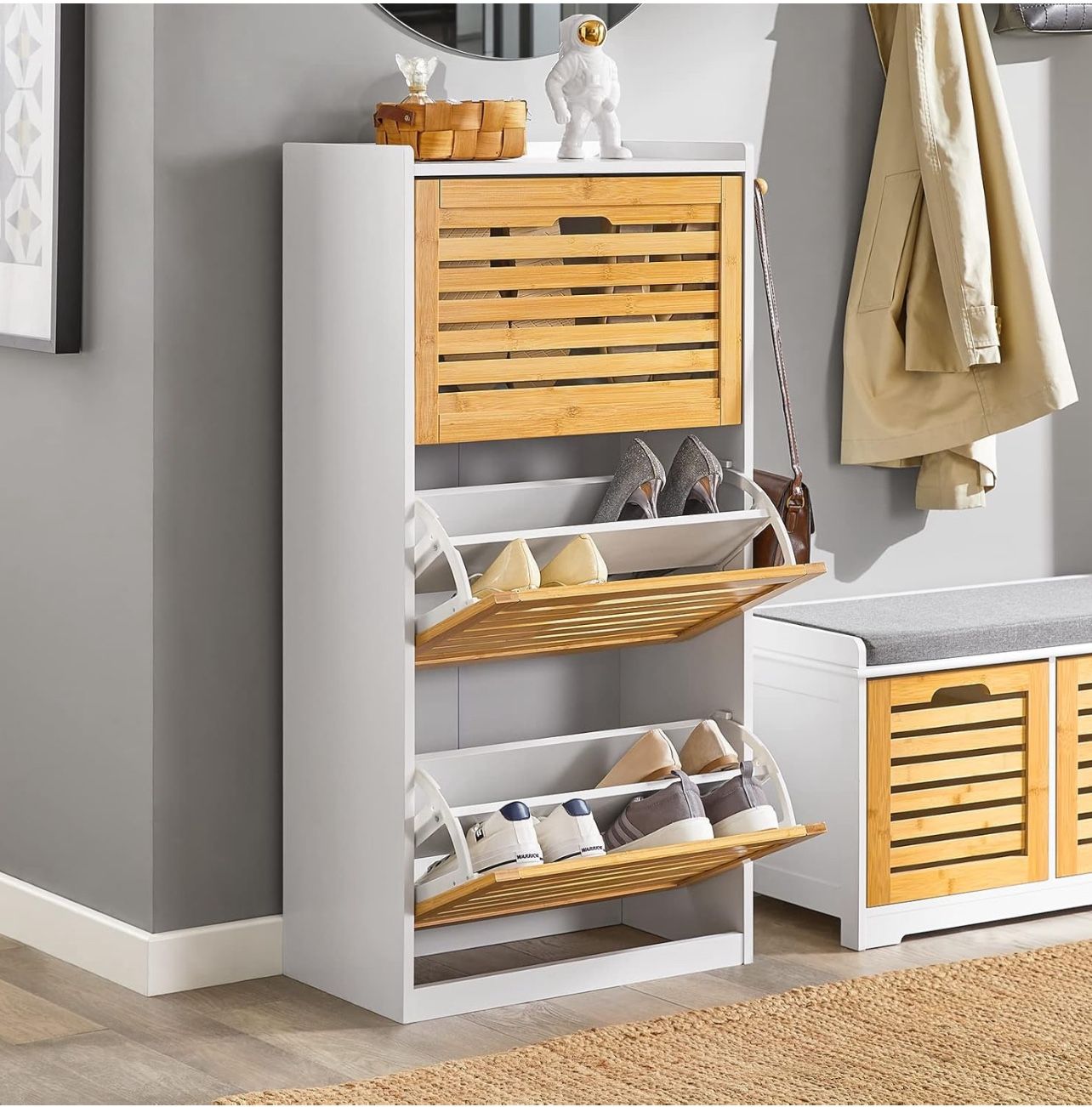 Haotian Entryway Shoe Cabinet with 3 Flip-Drawers, Shoe Rack Shoe Storage Cupboard Organizer Hallway, FSR108-WN, Natural (11.8" D x 21.7" W x 44.1" H)