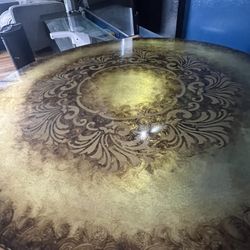 Antique Round Table With Painted Glass Top 