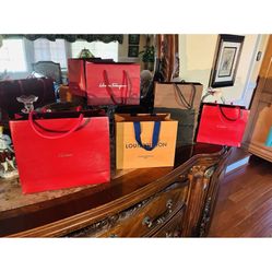 Lot of 5 Designer Shopping Bags Cartier, Louis Vuitton, Salvatore Ferragamo