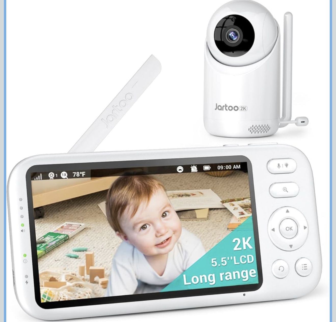 Jartoo 2K Video Baby Monitor with Camera and Audio, Long Range Baby Monitor No WiFi 5.5" FHD Screen ANC Baby Camera Wireless, Feeding Clock, Night Vis