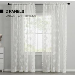 Kotile Ivory Lace Curtains 84 Inches Long - Vintage Embroidered Floral Sheer Lace Curtains for Living Room, Scalloped Privacy Sheer Curtain for Window