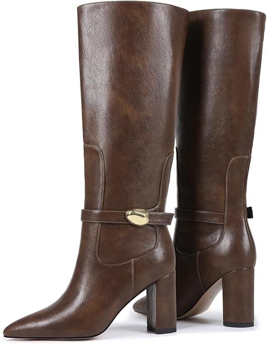 9.5 Brown Knee High Boots with gold metal buckle (Brand New)