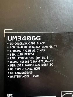 ASUS Zenbook 14’ GAMING LAPTOP R7 16G/1TB $500