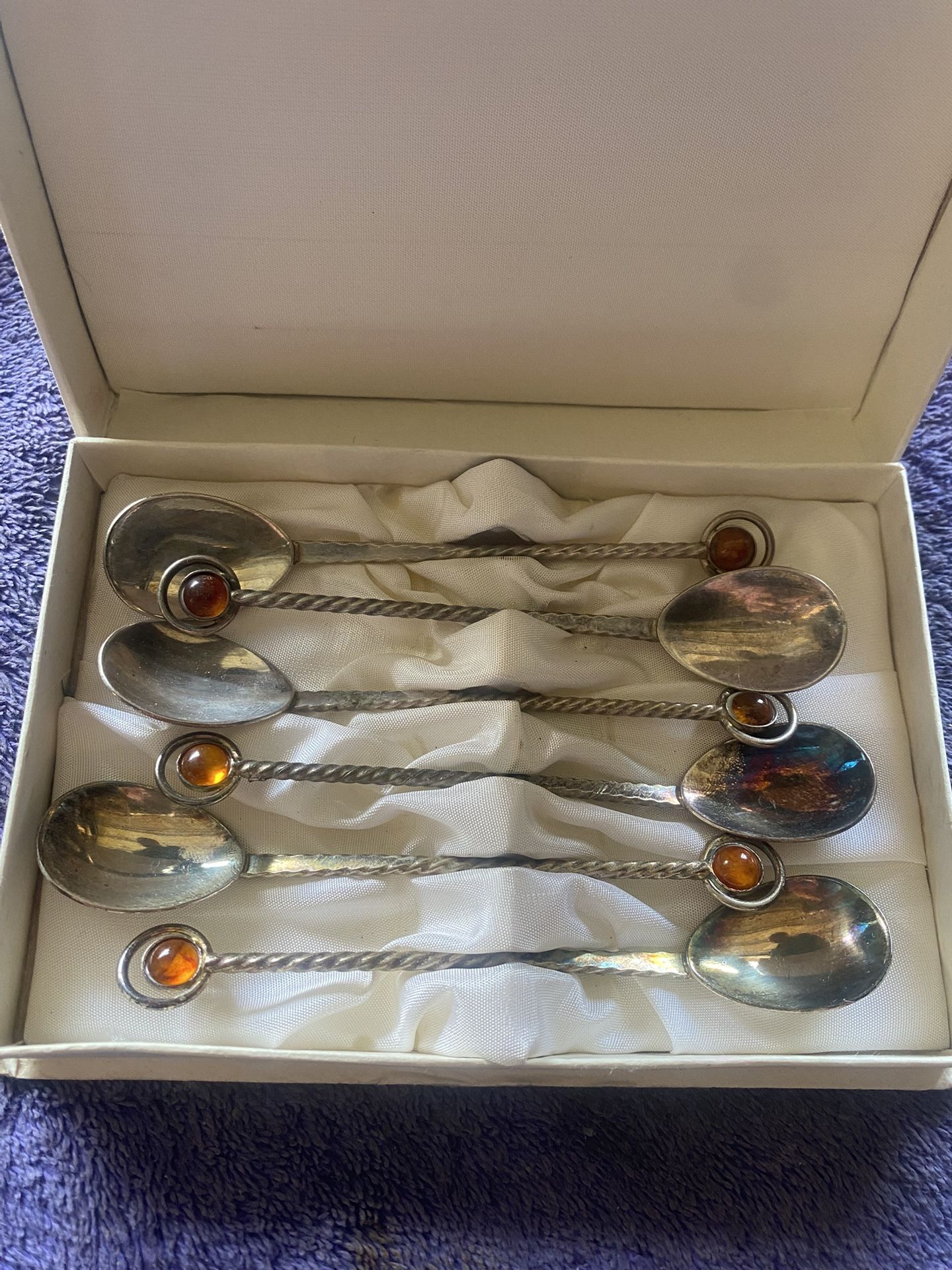 Boxed Set Of 6 Spoons, Poland Silver plated, Baltic Amber Stone