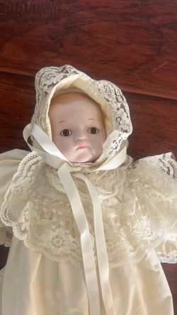 Vintage 16” Porcelain Baby Doll – Handmade Christening Gown