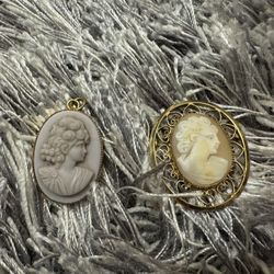 2 Vintage Cameo Brooch & Pendant Set – Ornate & Classic