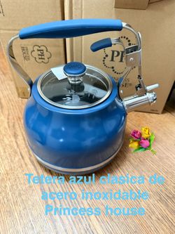 Tetera azul acero inoxidable 2.5 qt 👉 princess house todo nuevo y con caja 📦