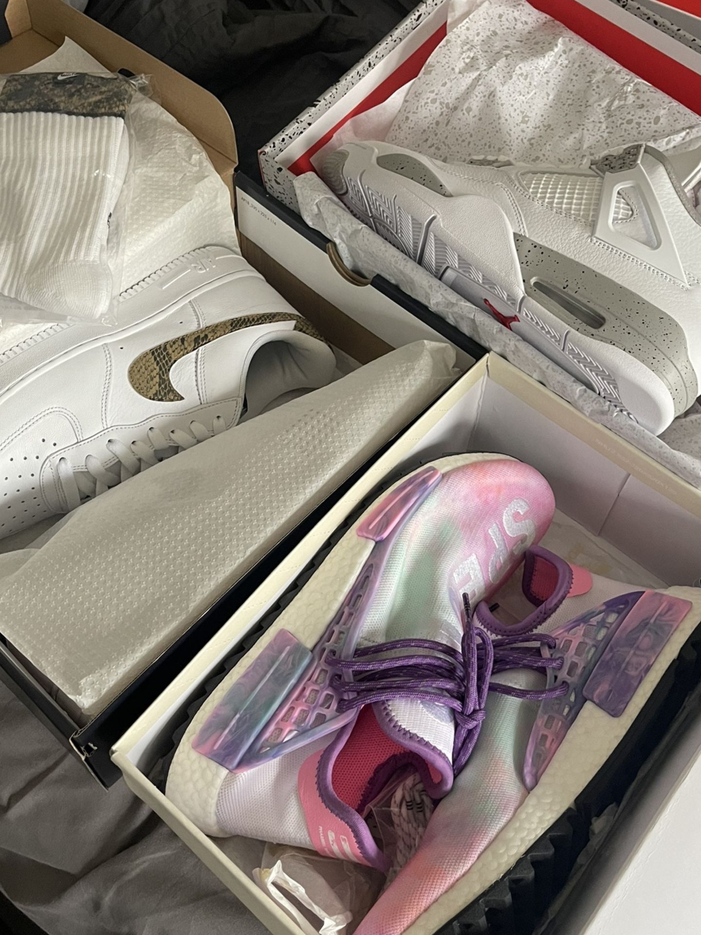 Jordan 4 Oreo, Adidas Pharrell NMD, AF1 Ivory Snake