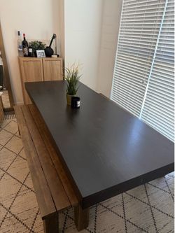 90" West elm dining table+ two 74" benches