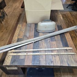 Vintage Powr-Kraft 84-6463 Transit Surveyor with case, tripod, and two wood rulers