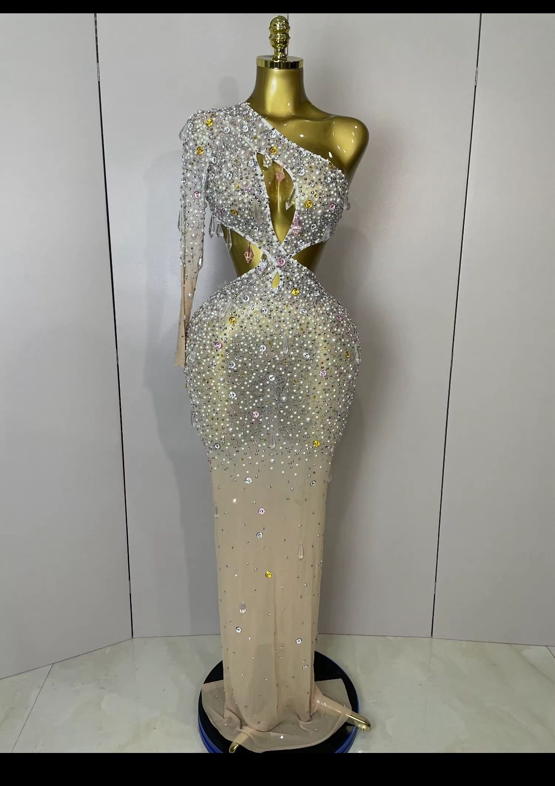 Women Sexy One Shoulder Hollow Out Big Crystal Bodycon Long Dress Celebrate Nightclub Party Bar Singer Birthday Dress