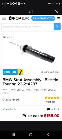 BMW Strut Assembly - Bilstein
Touring B4, # 22-214287, left  and right #22-214294. New for E9x