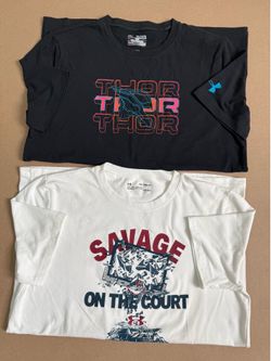 Under Armor size YXL, black Marvel Thor, white Savage on the court , 2 shirts both $10.00