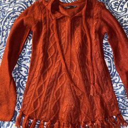 prAna Orange “Shelby Poncho” Long Sleeve Fringe Cable Knit Wool Sz S Sweater