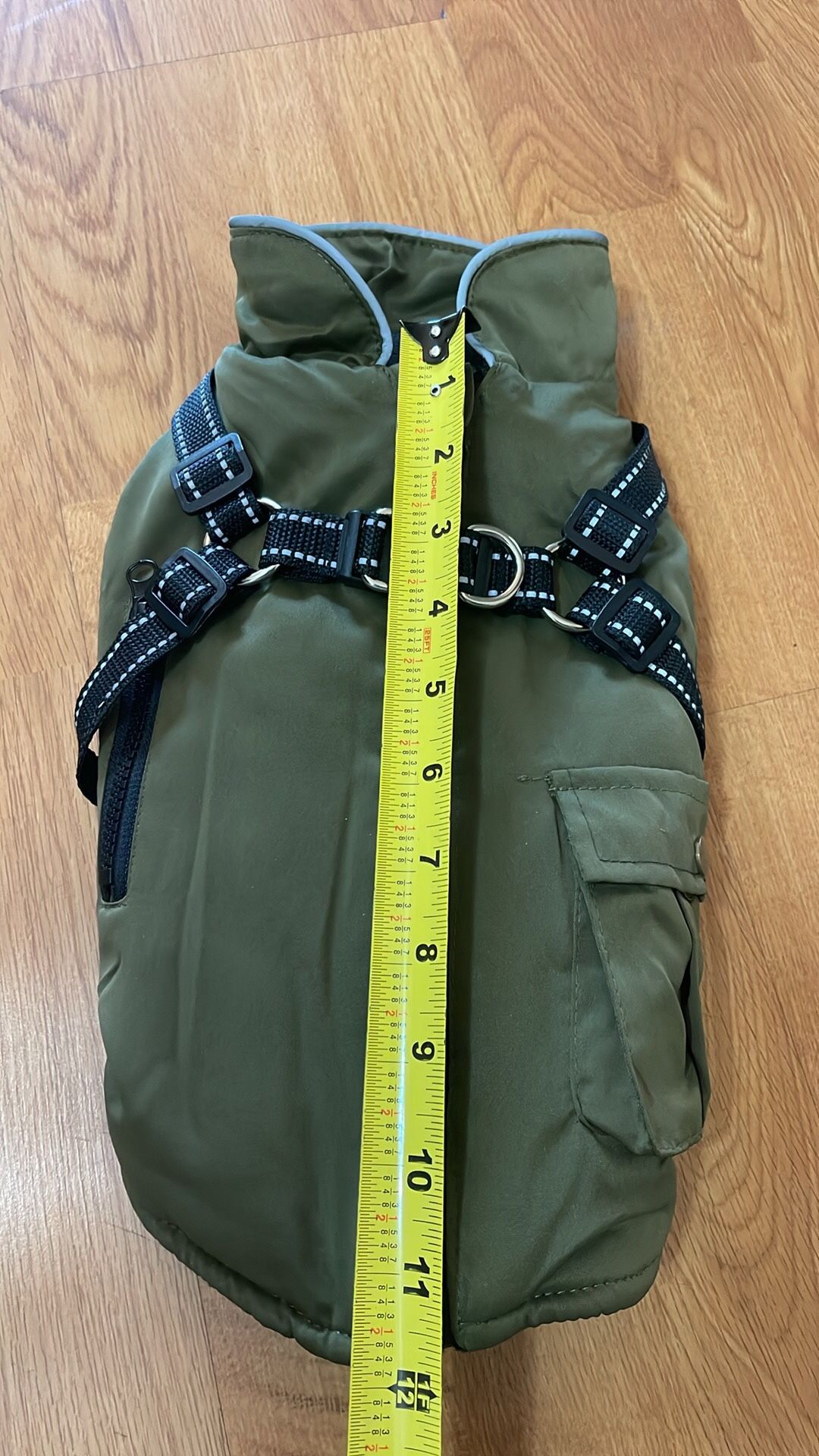 Small Olive Green Dog Jacket With Built In Harness