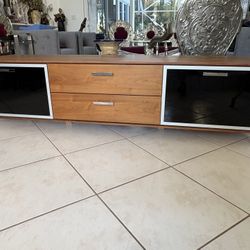 Upscale High End Media Cabinet Credenza Console Table. Frosted Glass Doors, Steel Gas Hinges. Wood Drawers. Restoration Hardware RH West Elm MCM Look.