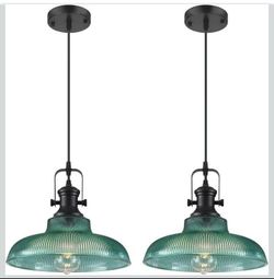Set of 2 Green Glass Pendant Lights Kitchen Island, Ribbed Glass Kitchen Pendant Lights Fixture, Farmhouse Pendant Lighting for Dining Room