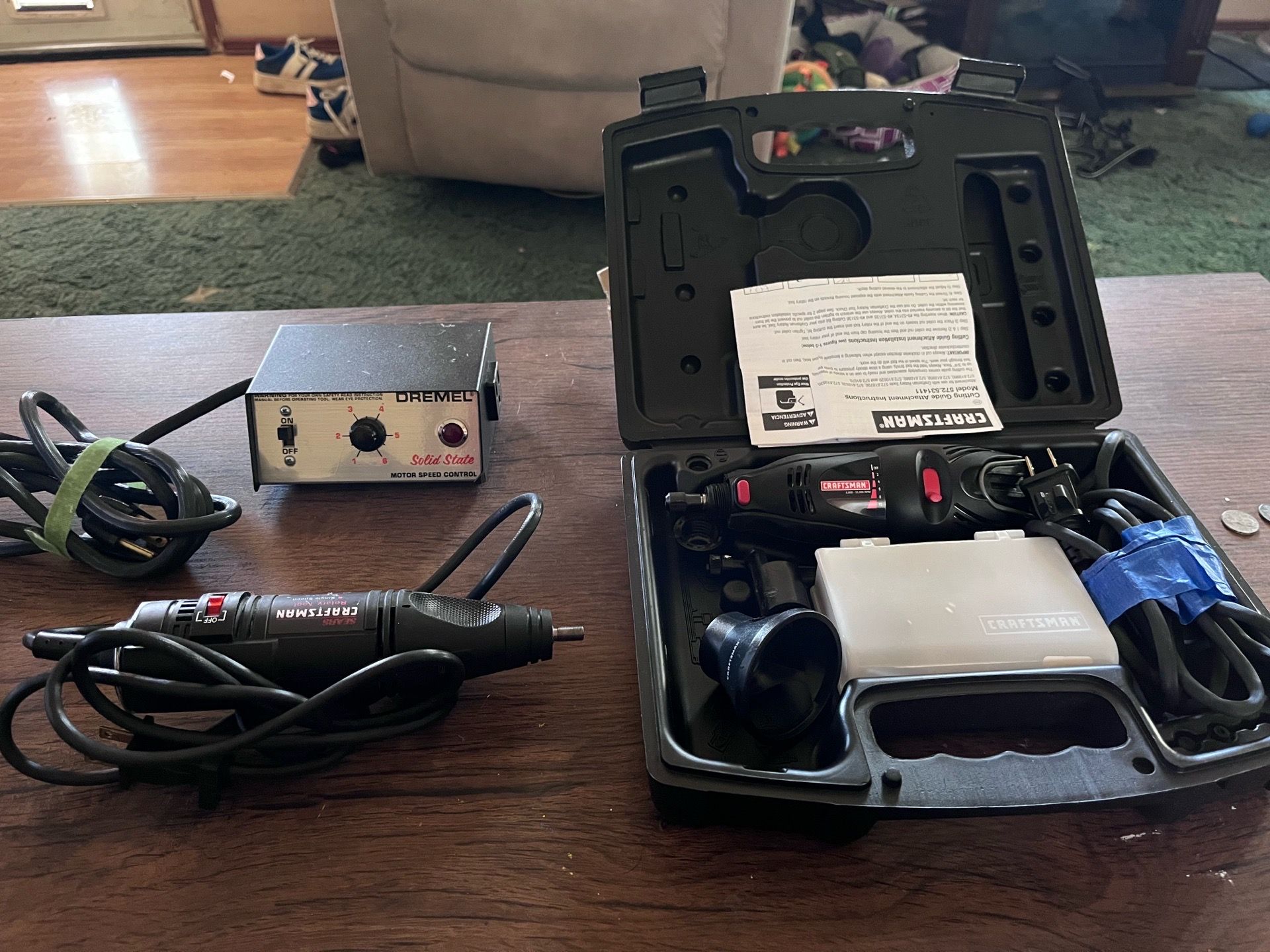 Two Craftsman Dremel Tools, light, depth guide for routing, and accessories. Also a variable speed control