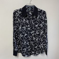 Women’s CATHERINE MALANDRINO 100% Polyester, Black & White Print Snap Front Long Sleeve Stretch Blouse… Size Small
