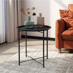 Side/End Table, Folding Round Metal Anti-Rust and Waterproof Outdoor or Indoor Tray for Living Room Bedroom Balcony and Office, 1 PCS, Black
