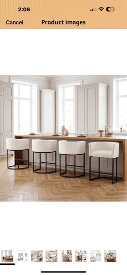 Chenille Counter Height Bar Stools Set of 4, 26" Kitchen Island Stools with Arms & Footrest, Upholstered Barrel Back Bar Chairs for Kitchen, Dining Ro