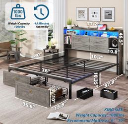 ( small damage) King Bed Frame with Storage Headboard, Farmhouse Wood Bed Frame King Size with 4 Drawers, LED Light & Charging Station, Metal Slats Su