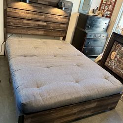 Full size bed frame with lights and mattress