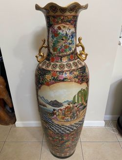 Oriental Satsuma Fluted Floor Vase Large 48” Ornate