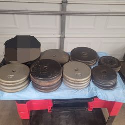 SET OF 23 WEIGHT PLATES, 5 DUMBELLS BARS AND 1 TRICEPS BAR. ALL FOR 1 INCH CENTER HOLE WEIGHT PLATES. 230LBS WEIGHTS AND 6 BARS. $300.00 OR BEST OFFER