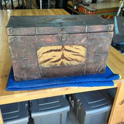 Vintage Leather-Wrapped Trunk w/ Tiger Hide Panel (Tibetan/Mongolian Style)