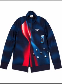 Speedo Men’s Team Track Jacket Navy Blue Red Star Graphic Full Zip Size M NWT