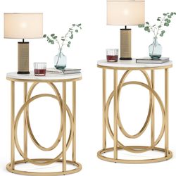 Tribesigns Round End Table for Living Room Set of 2, Modern Marble Side Table with Gold Metal Frame, White and Gold Accent Table, 26-Inch Tall Narrow 