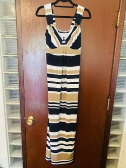 Navy Blue, White And Gold Polyester Striped Sleeveless Maxidress 