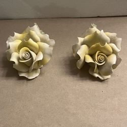 Two Vintage Italian CAPODIMONTE Cream Porcelain Roses Flower Figurine BEAUTIFUL