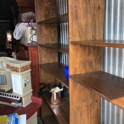 Large Wood shelf unit with adjustable shelves 79” long x 72” h x 42” d