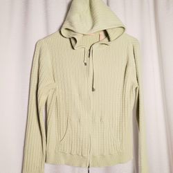 Kate Hill Ribbed Knitted Zip Up Hooded Jacket Pale Light Green Sz Petite Med 